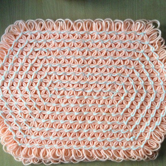 Two Handmade table mat place mat hand knitted crocheted pink yarn hexagon shape - Picture 1 of 4